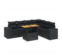 Salon de jardin modulaire 7 pièces, résine tressée noire, table relevable acacia, coussins déhoussables lavables, résistant UV