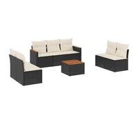 Salon de jardin modulaire 8 pcs, résine tressée noire, cadre acier, table acacia, coussins déhoussables blanc crème, résistant aux UV