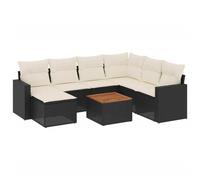 Salon de jardin modulaire 8 pcs, résine tressée noire, coussins blanc crème, avec rangements et table en bois d'acacia massif