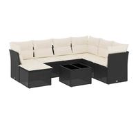 Salon de jardin modulaire 8 pcs, résine tressée noire, coussins blanc crème déhoussables, table verre trempé, rangement intégré, résistant UV