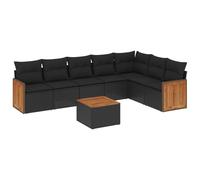 Salon de jardin modulaire 8 pièces, résine tressée noire, avec coussins amovibles, table en bois d'acacia, résistant aux UV