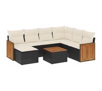 Salon de jardin modulaire 8 pièces, résine tressée noire, coussins blanc crème déhoussables, table acacia et verre trempé, résistant aux UV