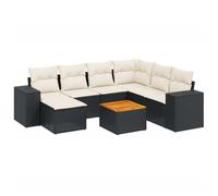 Salon de jardin modulaire 8 pièces, résine tressée noire, coussins blanc crème, table acacia, rangement intégré, résistant aux UV