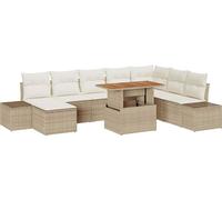 Salon de jardin modulaire 9 pcs, ensemble canapé d'extérieur avec grand rangement, poly rotin beige mat, 7 places assises