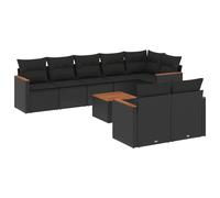 Salon de jardin modulaire 9 pièces, résine tressée noire, cadre acier, table acacia, coussins déhoussables lavables, résistant aux UV