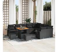 salon de jardin modulaire, polyrotin noir, 11 places, 12 pièces, 99.2kg | Structure en acier, surfaces en bois d’acacia, éléments modulaires, housses lavables