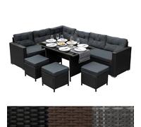 MonsterShop - Ensemble salon de jardin rotin noir - canapé d'angle, table verre, coussins gris