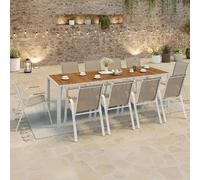 IDMarket – Salon de jardin NOUMEA Table 240 cm verre trempé effet bois + 10 chaises blanc/bois