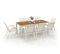 IDMarket - Salon de Jardin NOUMEA Table 190 cm Plateau Verre trempé Effet Bois et 8 chaises empilables Beige et Bois