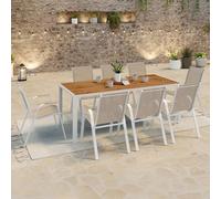 IDMarket Salon de jardin NOUMEA Table 190 cm Plateau verre trempé effet bois 8 chaises Blanc et Bois