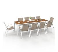 Salon De Jardin Noumea Table 240 Cm Plateau Verre Trempé Effet Bois Et 10 Chaises Empilables Blanc Et Bois