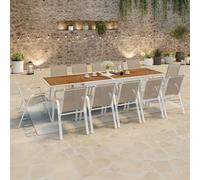 Salon De Jardin Noumea Table Extensible 135/270 Cm Plateau Verre Trempé Effet Bois Et 12 Chaises Empilables Blanc Et Bois