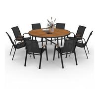 Salon De Jardin Noumea Table Ronde 150 Cm Plateau Verre Trempé Effet Bois Et 8 Chaises Empilables Noir Et Bois