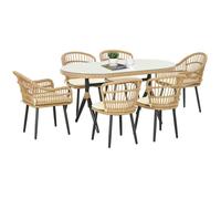 Outsunny Salon de jardin extšŠrieur en ršŠsine tressšŠe 6 places ensemble de salle š€ manger - 1 table rectangulaire et 6 chaises avec coussins - plateau en verre trempšŠ, cadre en acier, bois naturel