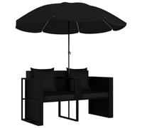 Salon de Jardin Polyratan Noir avec Parasol et Coussin Amovible | Résine tressée, matériau PE imperméable, polyester anti-UV, repose-pied détachable, usage extérieur, entretien facile