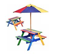Salon de Jardin pour 4 Enfants COSTWAY - 1 Table et 2 Bancs Extérieur avec Parasol Amovible, Table de Pique-nique en Sapin