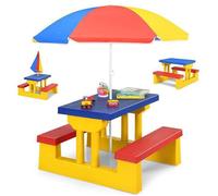 Salon de Jardin pour Enfants COSTWAY Table et 2 Bancs avec Parasol pour Pique-nique Exterieur Jusqu'à 4 Enfants Jaune+Rouge+Bleu
