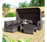 Salon de Jardin Rotin avec Îlot de Soleil et Auvent - Ensemble Mobilier Extérieur Complet (Canapé, Fauteuils, Table, Poufs) - Gris Gris