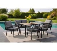 Salon de jardin pour 6 personnes avec table WPC, canapé, chaises - résistant aux intempéries - corde tressée - coussins - salon d'extérieur - anthracite/bois