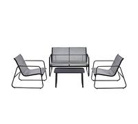 Salon de Jardin Stylé Table Basse Plateau en Verre Canapé Fauteuils Ensemble de 4 Meubles Extérieurs pour 4 Personnes Acier PVC Polyester Noir Gris Clair