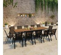 IDMarket - Salon de Jardin NOUMEA Table Extensible 135/270 cm Plateau Effet Bois et 12 chaises empilables Noir et Bois