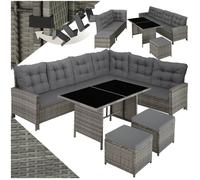 tectake® Salon de Jardin en Poly Rotin Modulable 1 Canapé de Jardin Exterieur d’Angle 1 Table Jardin 2 Tabouret Pouf Mobilier pour Amenagement Balcon et Terrasse - Gris Tacheté/Gris