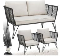 Salon de jardin - TECTAKE - Ensemble d'extérieur canapé et 2 fauteuils SUNDO en résine tressée housses amovibles et coussins - Gris