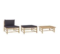 vidaXL Ensemble salon de jardin 3 pièces en bambou – coussins gris foncé – modulable