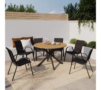 IDMarket - Salon jardin Messina - Table ronde 120cm effet bois + 6 chaises empilables noires