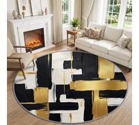 Salon Tapis Rond Salon Moderne Abstrait Géométrique Antidérapant | Noir Blanc Or Coups De Pinceau Imprimé Tapis 120 cm Lavable Poil Bas Doux Moquette pour Chambre Cuisine Nursery Bureau