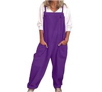 Salopette ample à bretelles en coton et lin avec poches pour femme - Grande taille - Jambe large - Sans manches - Pour le travail, le sport, la plage, 1 x violet, XL