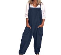Salopette ample à bretelles en coton et lin avec poches pour femme - Grande taille - Jambe large - Sans manches - Pour le travail, le sport, la plage, 2 x bleu marine, 5XL