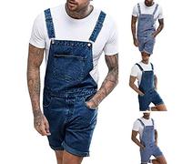 Salopette d'été Courte en Jean pour Homme avec Poches et Bretelles, Salopette en Denim Bleu foncé pour Homme, XXL