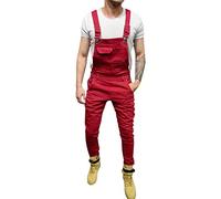 Salopette en jean pour homme avec bretelles réglables - Style décontracté et léger - Coupe ajustée, Salopette en jean rouge pour homme, L