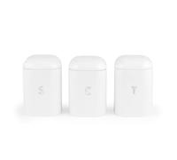 Salter Boston Lot de 3 boîtes à thé, café, sucre, finition brillante blanc glacé avec lettrage en relief, acier durable, fraîcheur durable, boîtes de rangement élégantes pour aliments, couvercles