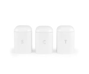 Salter Boston Lot de 3 boîtes à thé, café, sucre, finition brillante blanc glacé avec lettrage en relief, acier durable, fraîcheur durable, boîtes de rangement élégantes pour aliments, couvercles
