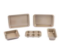 Salter BW12603GEU7 Bakes ensemble de 5 pièces - plat à rôtir enduit antiadhésif, plaque de cuisson, poêle carrée, moule à pain, plateau à muffins, résistant au four jusqu'à 220 °C, sans PFOA, or
