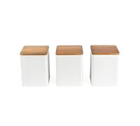 Salter BW12898WEU7 Toronto ensemble de 3 boîtes - boîtes de stockage pour thé, café, sucre, fini mat enduit de poudre, couvercles en bois d'acacia, nettoyage facile, bocaux compacts, blanc
