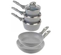 Salter Combo-6440 Marblestone Batterie de cuisine 5 pièces - casseroles antiadhésives avec couvercles, casseroles 16/18/20 cm, poêles 20/24 cm, compatible induction, ensemble de poêles en aluminium