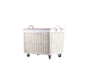 Salux Panier à linge en osier avec bordure rose sur roulettes et muni de poignées TheWickerStories