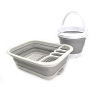 SAMMART Ensemble de cuisine et d'extérieur 2 pièces : égouttoir à vaisselle pliable avec égouttoir et seau en plastique pliable de 5 L (2, gris + gris)