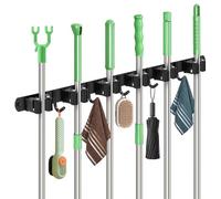 Sampoes Accroche Balai Mural avec 6 Supports et 5 Crochets, Porte Balais Mural en Acier Inoxydable, Support Balais Mural pour Cuisine, Salle de Bain, Garage et Jardin, Noir