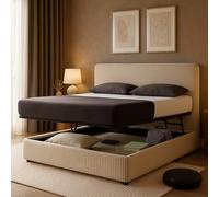 SAMPUR - Lit Coffre Lounge avec Grand Espace de Rangement - 3 Positions : 1 Repos, 2 Faire Le lit, 3 Stocker - Velours cotelé Beige (200x200 cm)