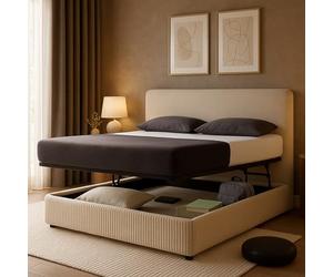 SAMPUR - Lit Coffre Lounge avec Grand Espace de Rangement - 3 Positions : 1 Repos, 2 Faire Le lit, 3 Stocker - Velours cotelé Beige (200x200 cm)
