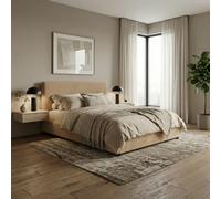 SAMPUR - Lit Coffre XXL Bouclette Camel | Revêtement Amovible | Espace de Stockage jusqu'à 900 L | Robuste et Large Angle d’Ouverture (140x190 cm)