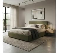 SAMPUR - Lit Coffre XXL Bouclette Vert Olive | Revêtement Amovible | Espace de Stockage jusqu'à 900 L | Robuste et Large Angle d’Ouverture (160x200 cm)