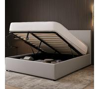 SAMPUR - Lit Coffre XXL Tissu Gris Clair | Revêtement Amovible | Espace de Stockage jusqu'à 900 L | Robuste et Large Angle d’Ouverture (140x190 cm)