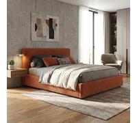 SAMPUR - Lit Coffre XXL Velours Cotelé Terracotta | Revêtement Amovible | Espace de Stockage jusqu'à 900 L | Robuste et Large Angle d’Ouverture (180x200 cm)