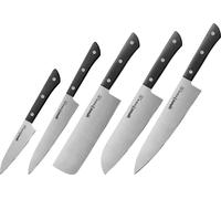 Samura HARAKIRI Set de 5 couteaux de cuisine professionnels avec manches blancs : Paring, Utility, Nakiri, Santoku, et C - Coutellerie japonaise en acier de première qualité
