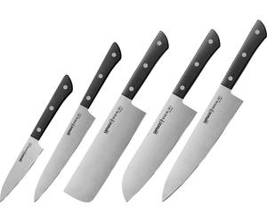 Samura HARAKIRI Set de 5 couteaux de cuisine professionnels avec manches blancs : Paring, Utility, Nakiri, Santoku, et C - Coutellerie japonaise en acier de première qualité